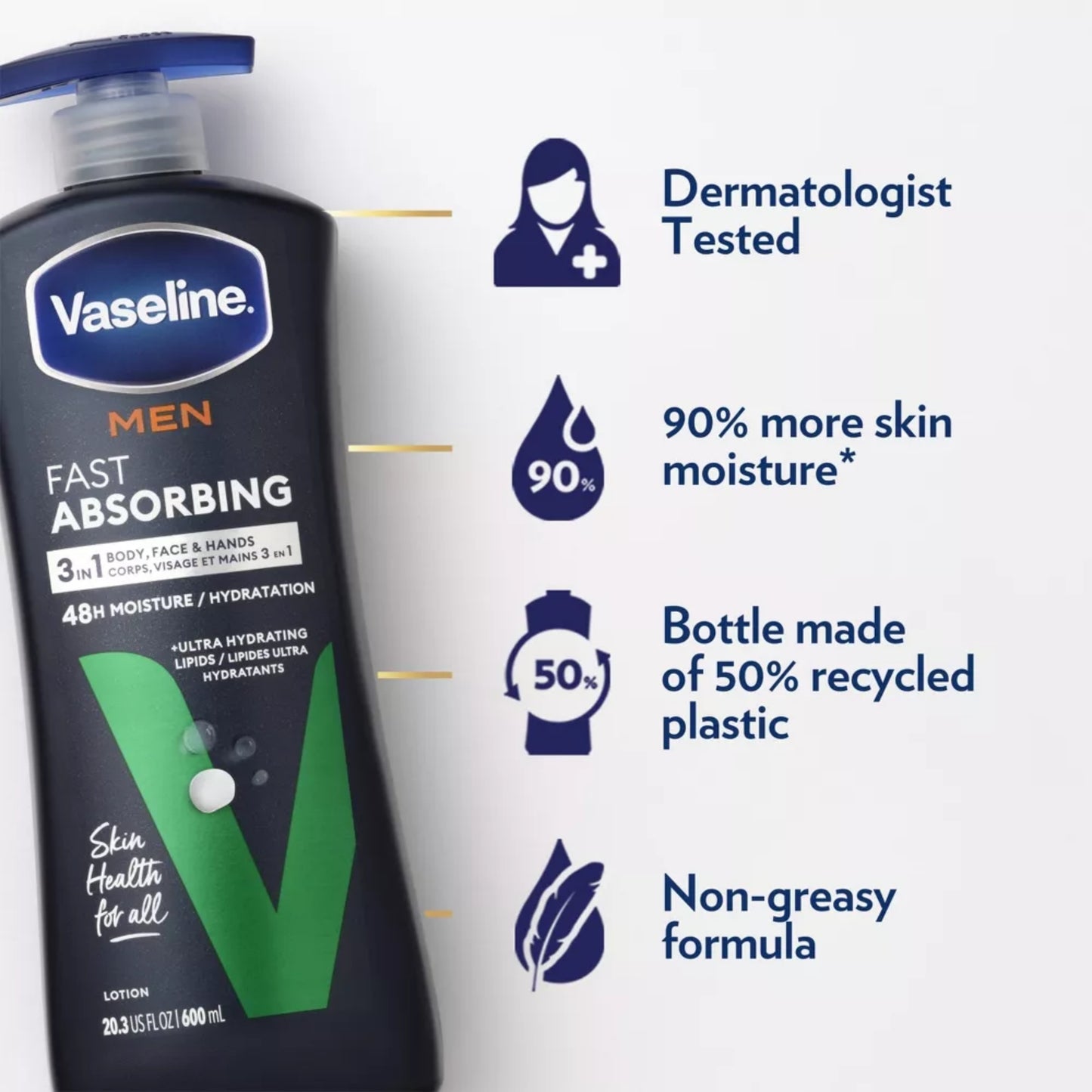 Vaseline Men Fast Absorbing 3-in-1 Lotion - 48H Hydration (20.3 oz)