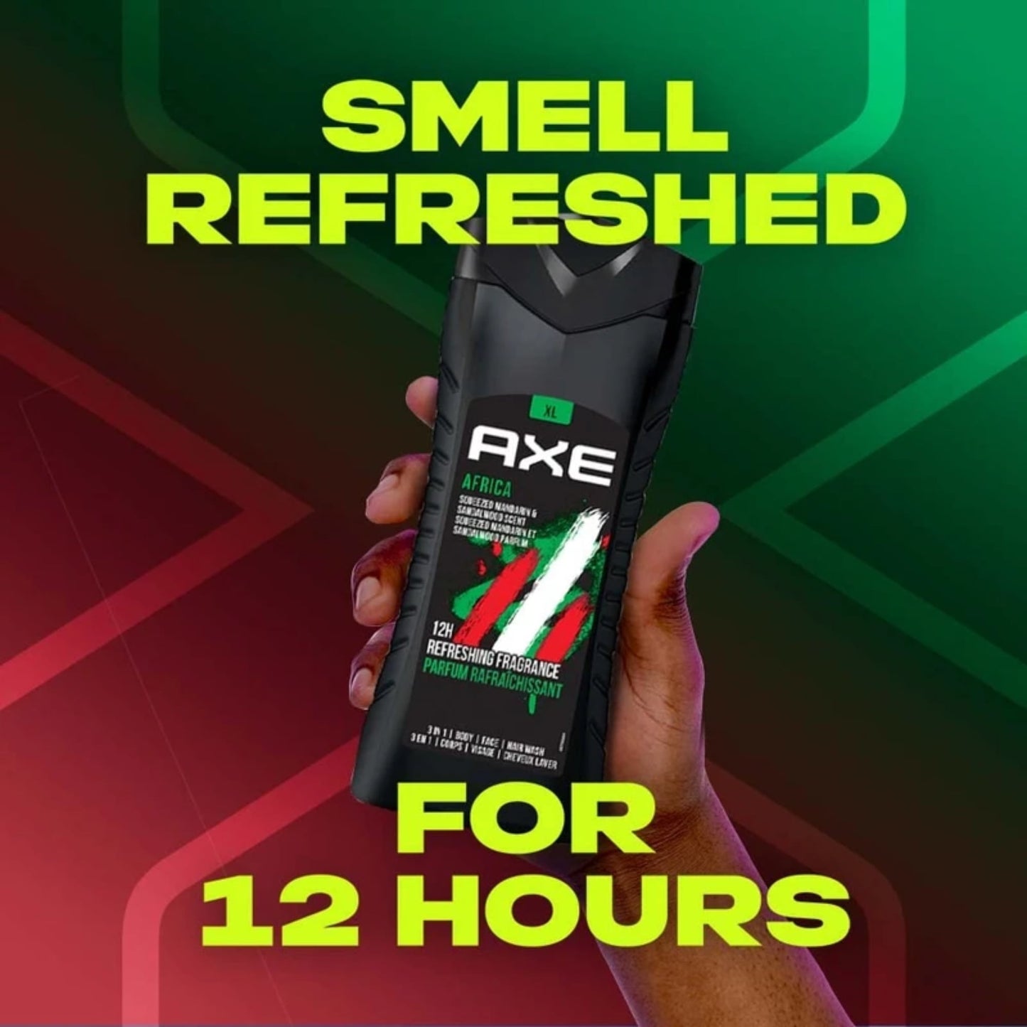 Axe Men's Africa Mandarin and Sandalwood Scent 3 In 1 Body, Face and Hair Wash 400 ml, Pack of 1