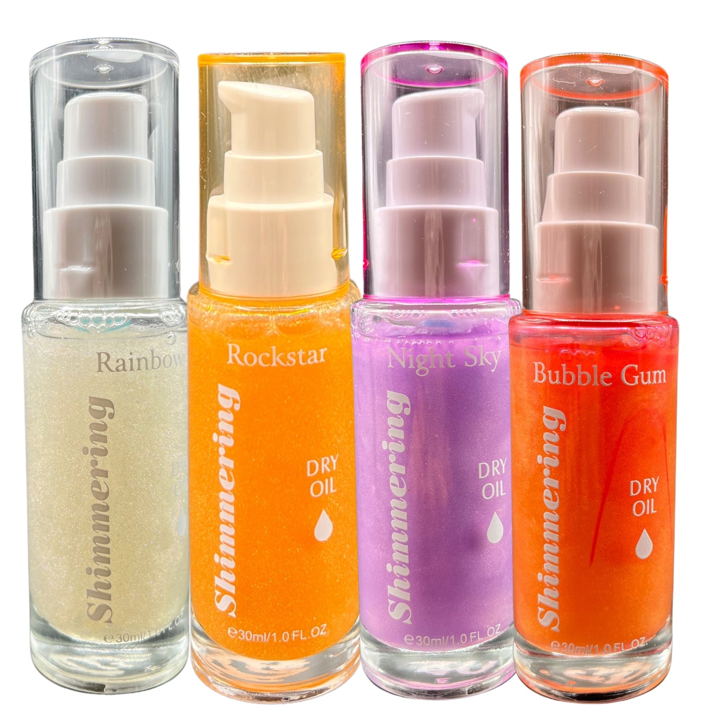 Shimmering Dry Oil 4-Piece Set: Rainbow, Rockstar, Night Sky & Bubble Gum, 1 fl oz Each
