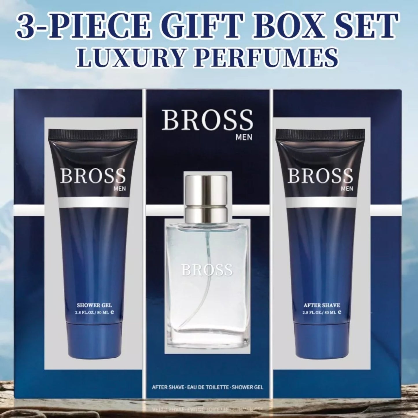 Bross Men 3-Piece Luxury Perfume Gift Set – Eau de Toilette, After Shave & Shower Gel