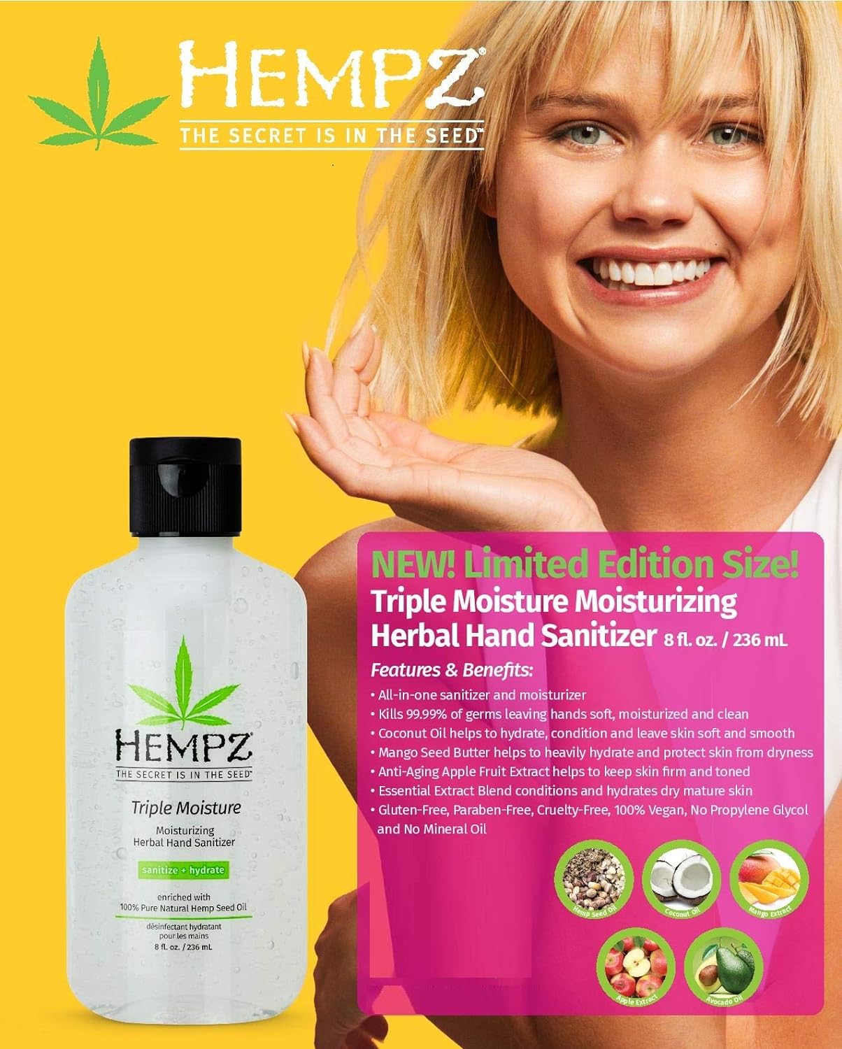 Hempz Triple Moisture Herbal Hand Sanitizer 8oz Limited Edition