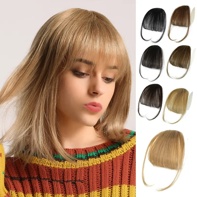 Clip-In Bangs: 100% Human Hair Extensions with Natural Flat Neat Bangs, Temples, and Nice Net for Women - One-Piece Hairpiece