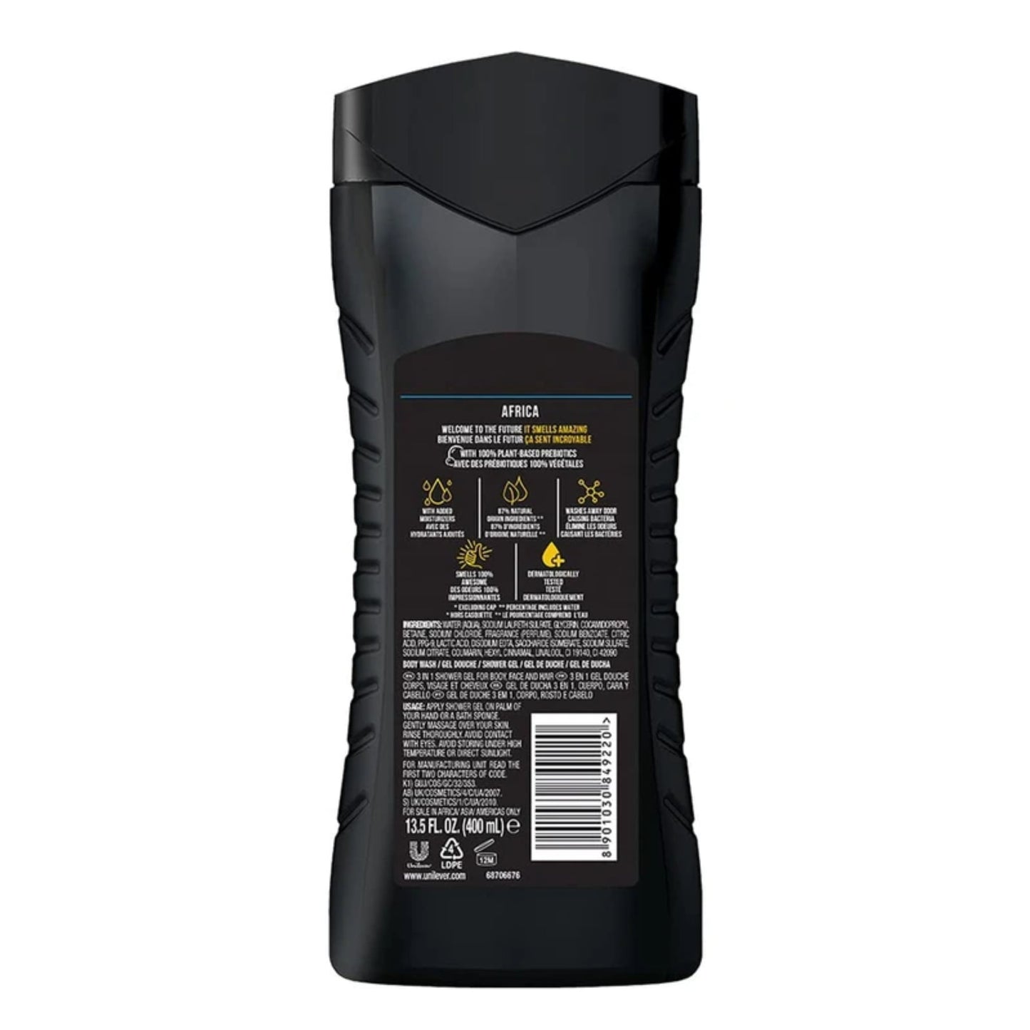 Axe Men's Africa Mandarin and Sandalwood Scent 3 In 1 Body, Face and Hair Wash 400 ml, Pack of 1