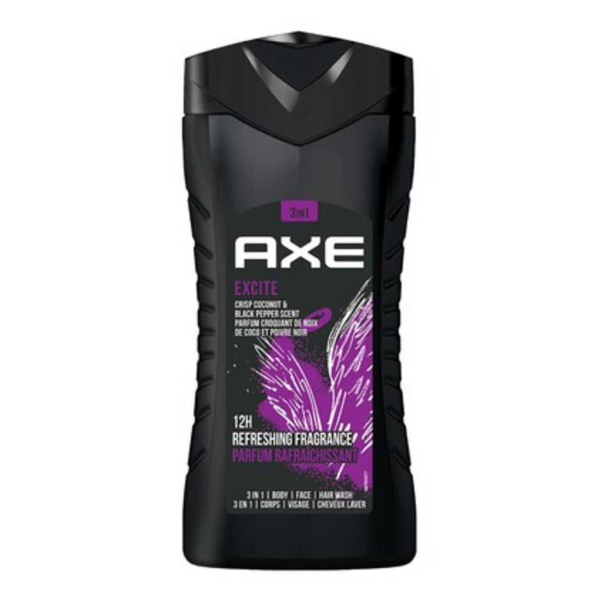 AXE Excite 3-in-1 Body Wash, Face Wash, and Hair Wash - Crisp Coconut & Black Pepper Scent, 12h Refreshing Fragrance, 400ml
