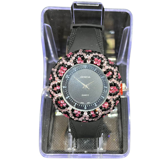 BBG Women's Watch with Tiger Pattern Lining, Black Color, 1 Pc per Pack