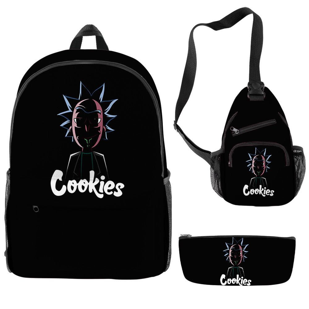 Black 'Rick and Morty Cookies' 3-Piece Backpack, Sling Bag, and Pencil Case Set with Rick Design