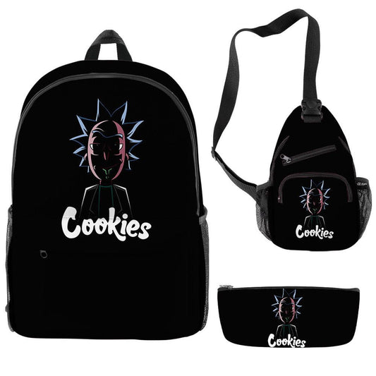 Black 'Rick and Morty Cookies' 3-Piece Backpack, Sling Bag, and Pencil Case Set with Rick Design