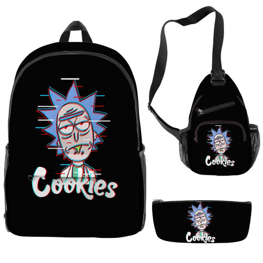 Black Rick and Morty 'Cookies' 3-Piece Backpack, Sling Bag, and Pencil Case Set
