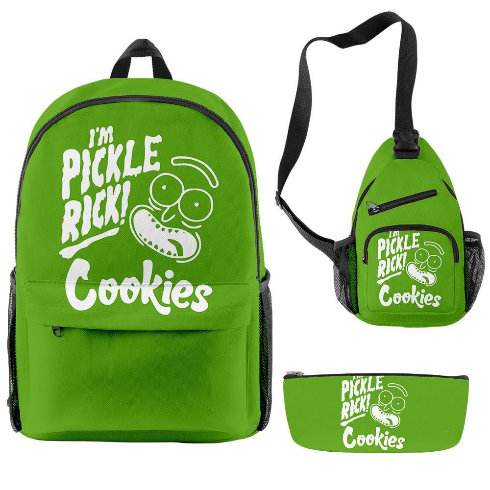 Green 'I'm Pickle Rick! Cookies' 3-Piece Backpack, Sling Bag, and Pencil Case Set