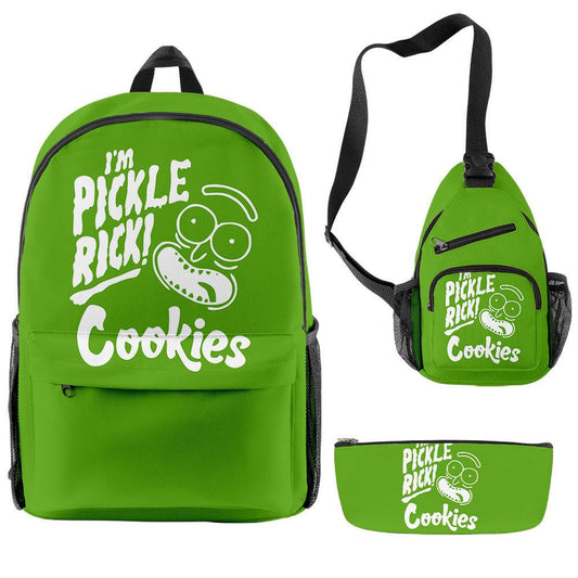 Green 'I'm Pickle Rick! Cookies' 3-Piece Backpack, Sling Bag, and Pencil Case Set