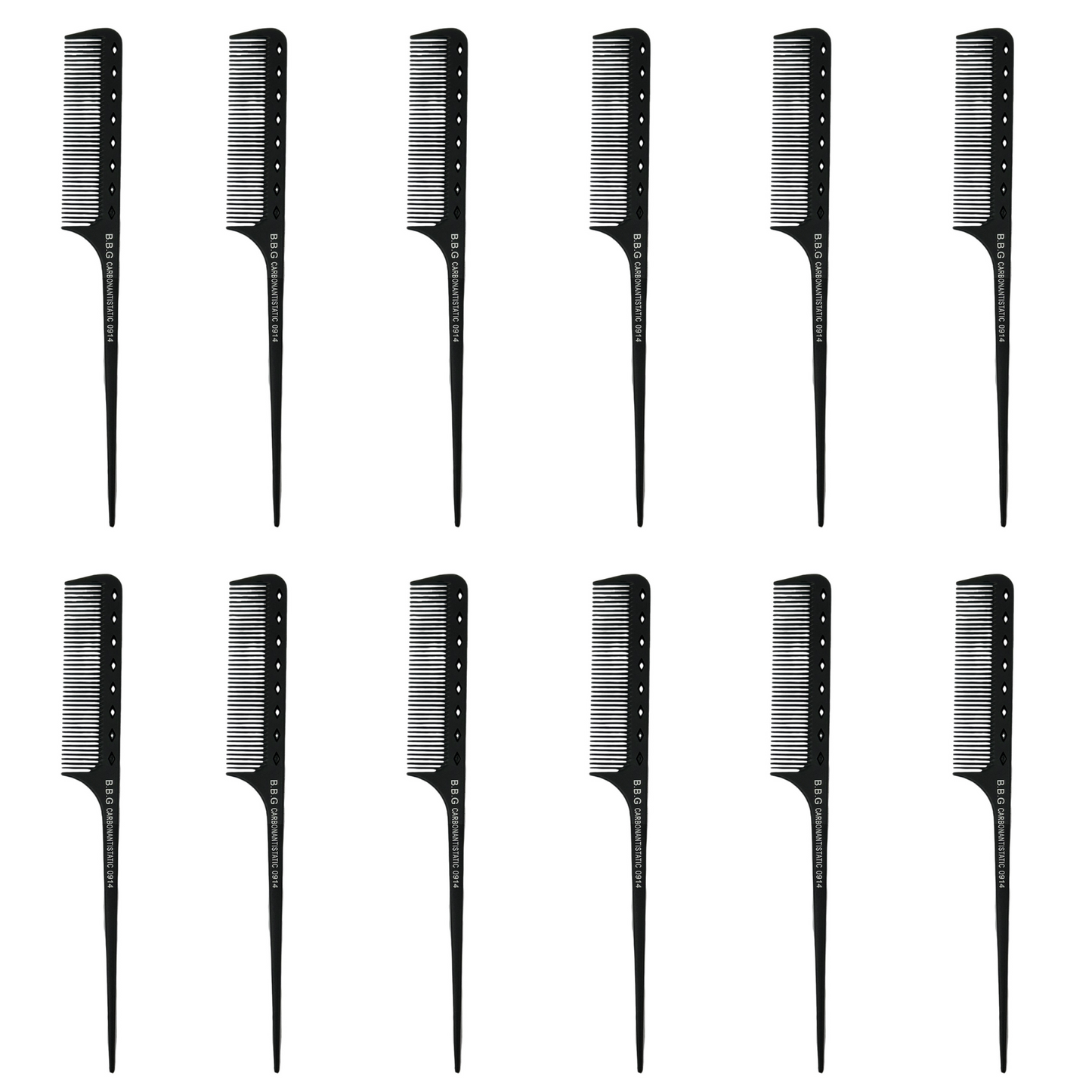 BBG Professional Carbon Comb with Pointed Handle | Medium Teeth 0914 | Black | 12pcs