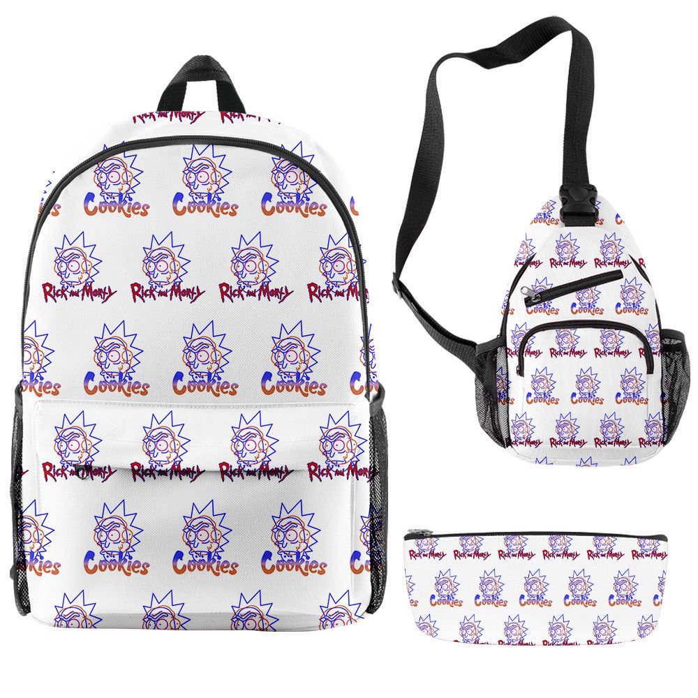 White 'Rick and Morty Cookies' 3-Piece Backpack, Sling Bag, and Pencil Case Set