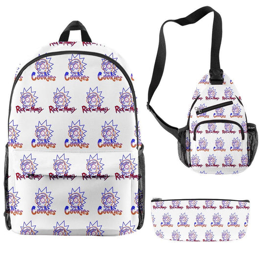 White 'Rick and Morty Cookies' 3-Piece Backpack, Sling Bag, and Pencil Case Set