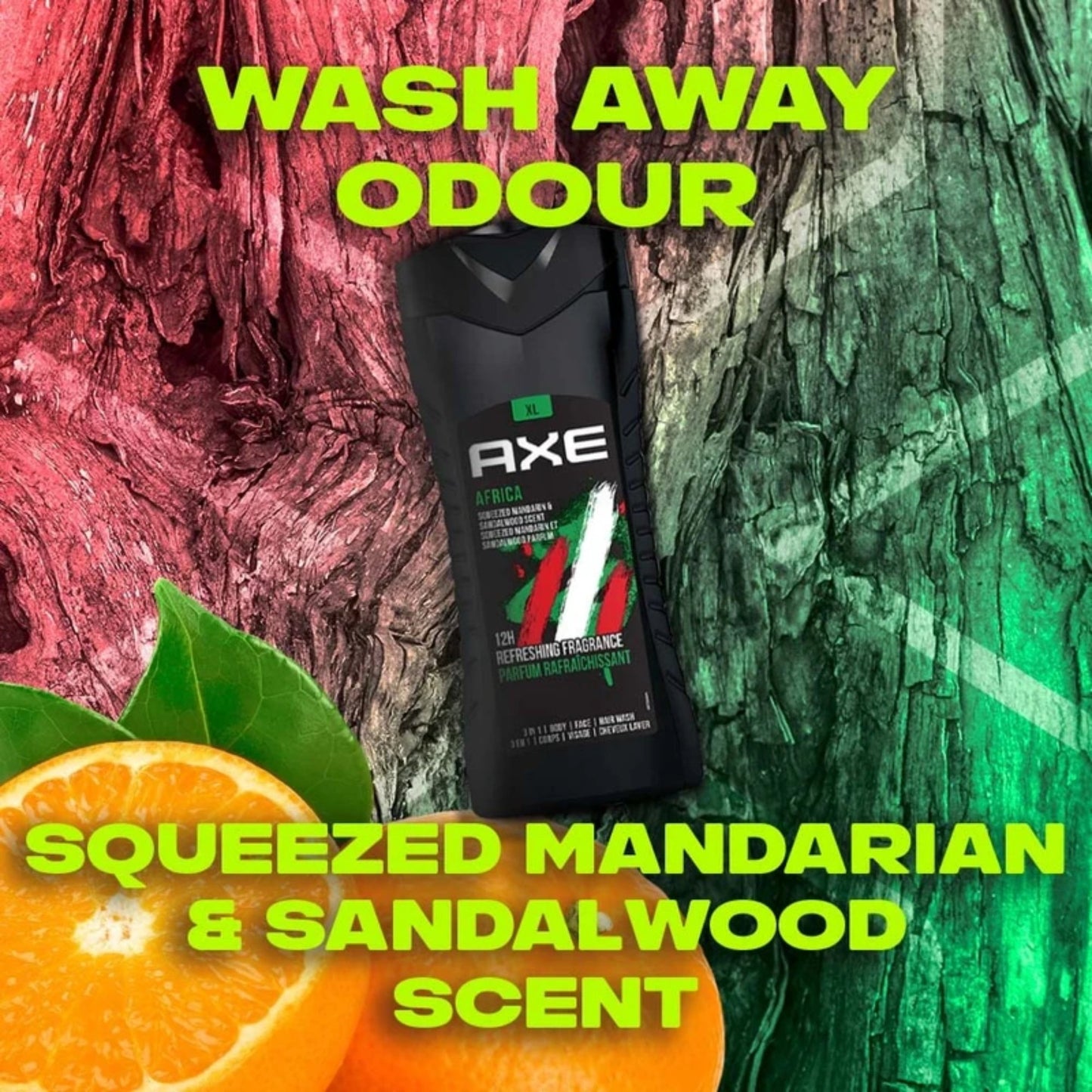 Axe Men's Africa Mandarin and Sandalwood Scent 3 In 1 Body, Face and Hair Wash 400 ml, Pack of 1