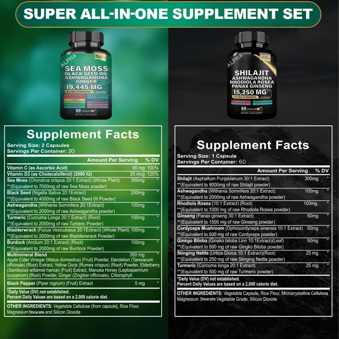 The Ultimate Sea Moss & Shilajit Bundle - 7000mg Sea Moss, 4000mg Black Seed Oil, 2000mg Ashwagandha, 9000mg Shilajit & Ginger, 1000mg Rhodiola Rosea, 1500mg Panax Ginseng, 30-Days Supply