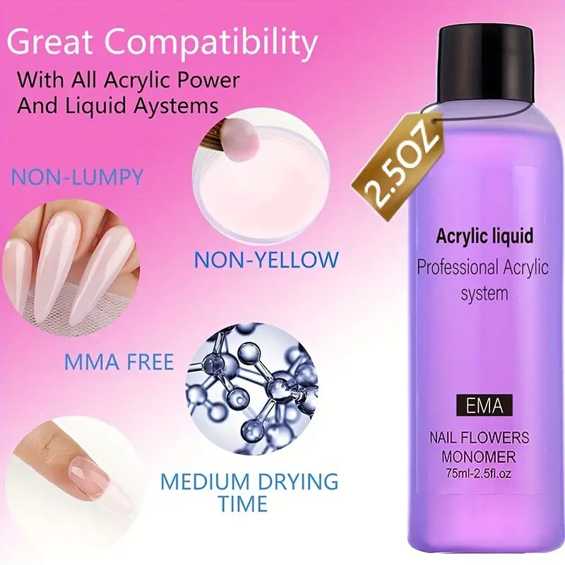 75ml Professional Acrylic Liquid Monomer: Advanced System for Acrylic Nail Extensions - Ideal for Nail Salons and Home DIY