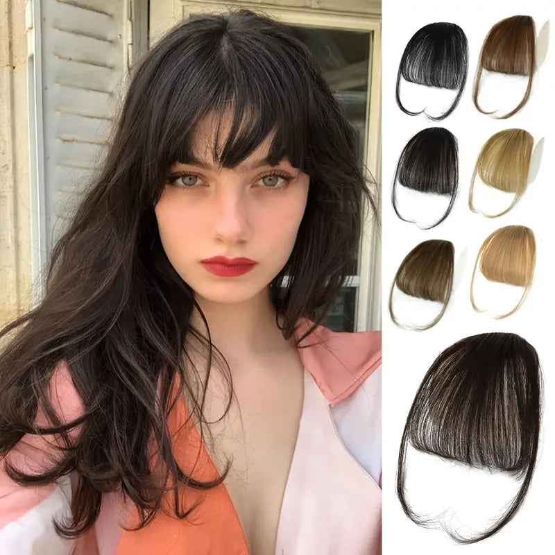 Clip-In Bangs: 100% Human Hair Extensions with Natural Flat Neat Bangs, Temples, and Nice Net for Women - One-Piece Hairpiece
