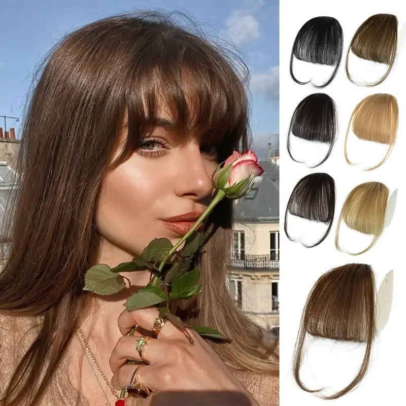 Clip-In Bangs: 100% Human Hair Extensions with Natural Flat Neat Bangs, Temples, and Nice Net for Women - One-Piece Hairpiece