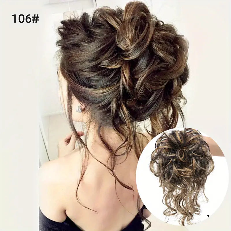 Black Brown Messy Curly Hair Bun Chignon: Synthetic Scrunchy Hair Band with synthetic Hair Tail Hairpieces - Women's Hairpins