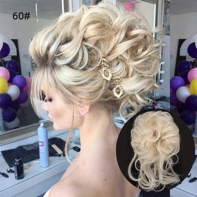 Black Brown Messy Curly Hair Bun Chignon: Synthetic Scrunchy Hair Band with synthetic Hair Tail Hairpieces - Women's Hairpins