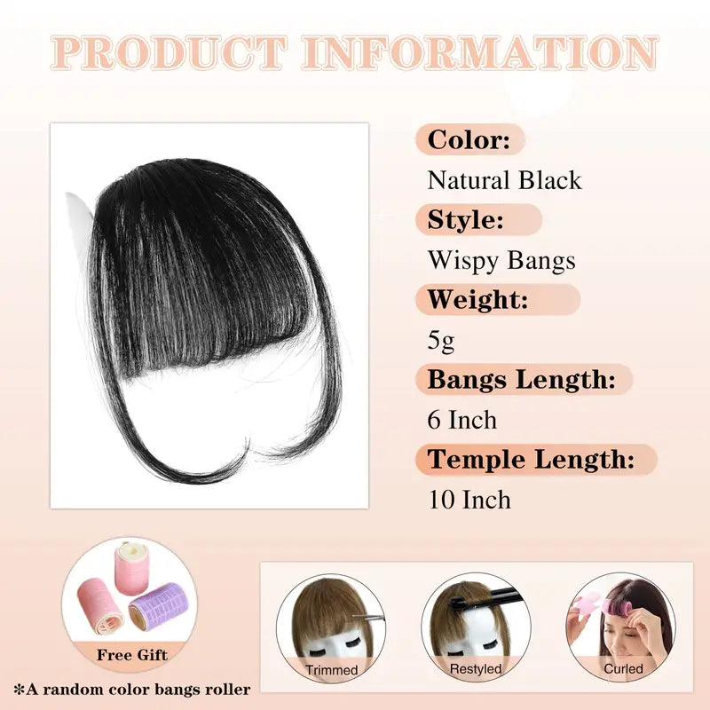 Clip-In Bangs: 100% Human Hair Extensions with Natural Flat Neat Bangs, Temples, and Nice Net for Women - One-Piece Hairpiece